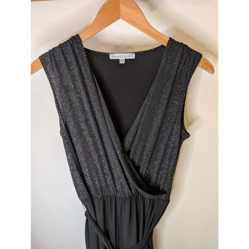 Annalee + Hope Black Glitter Wrap Bodice Sleeveless Jumpsuit Made USA S - Picture 2 of 8
